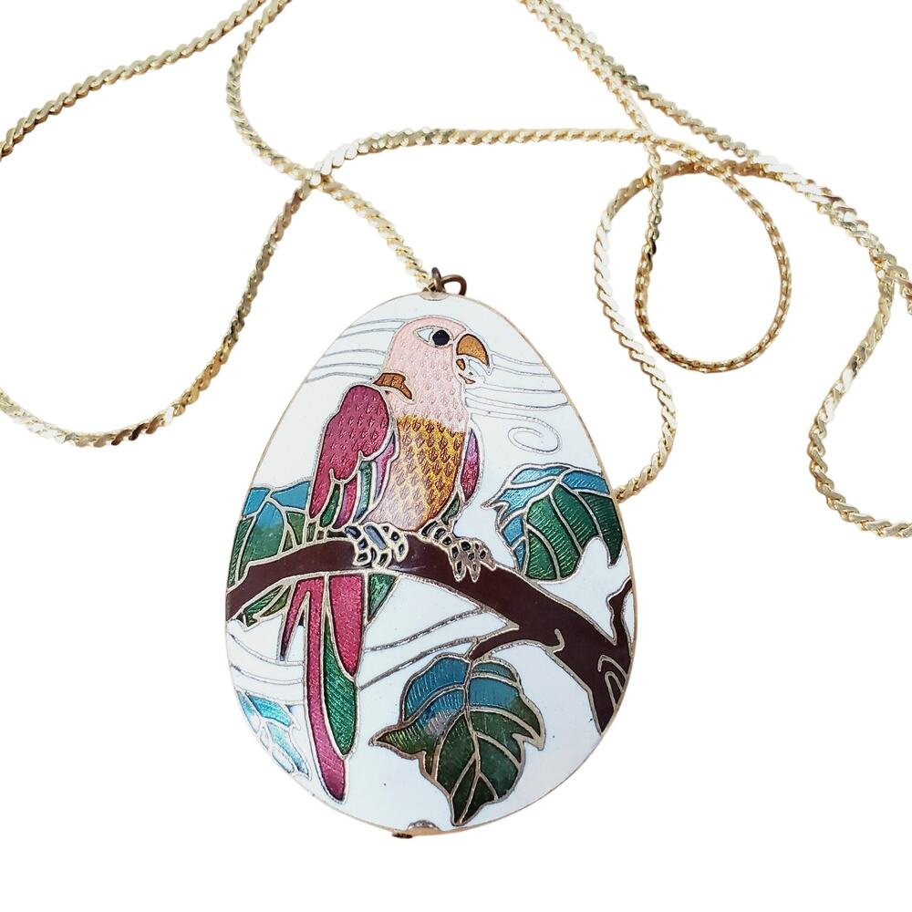 Vintage CLOISONNE 80s Teardrop Parrot Pendant Necklace on Gold Chain 14" White